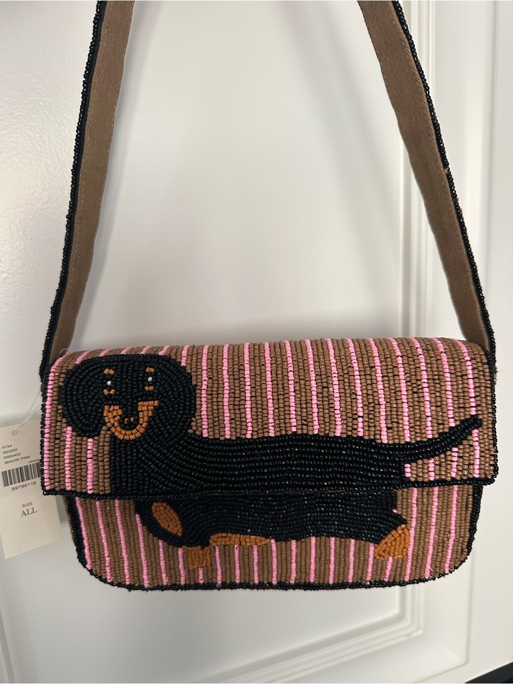 Anthropologie Fiona Beaded Black Dachshund Mini Bag with Pink & Tan Stripes